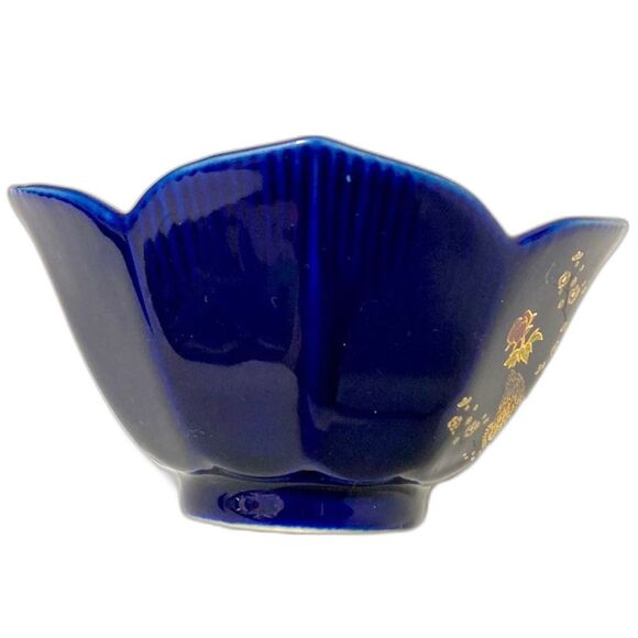 PEACOCKS Lotus Floral Cobalt Blue Gold Trim Decorative JAPANESE Bowl Vintage - Picture 8 of 12